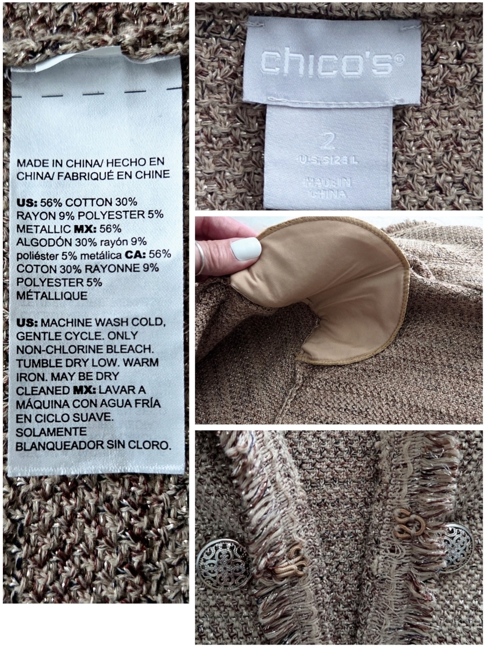 Chico's Metallic Tweed Sweater Blazer, Super Soft Layering Piece Tan & Gold LG - Picture 7 of 16